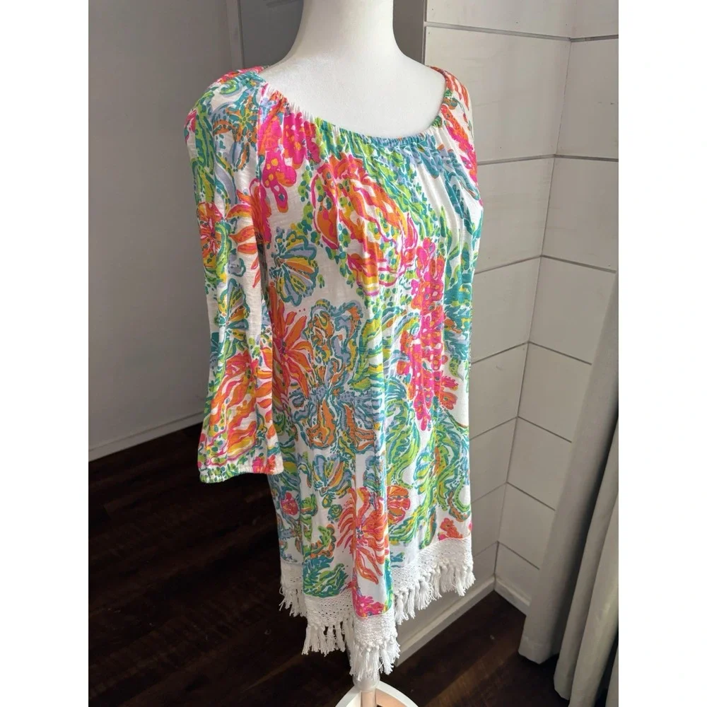 Lilly Pulitzer Dress Womens XS Multicolor Floral Beach Vacation‎ Fringe Colorful